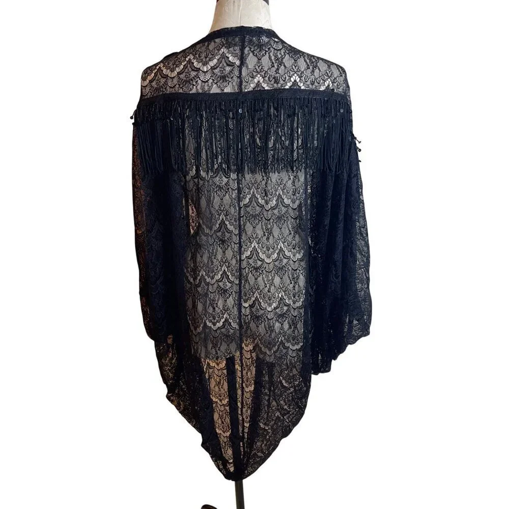 Womens Shawl One Size Black Lace Fringe Beaded Sequin Cocoon Dolman Sleeve